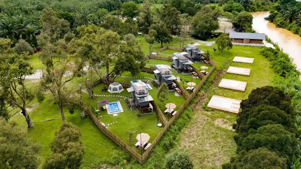 Aerial view of the Cybertruck glamping zone at Suka Camping
